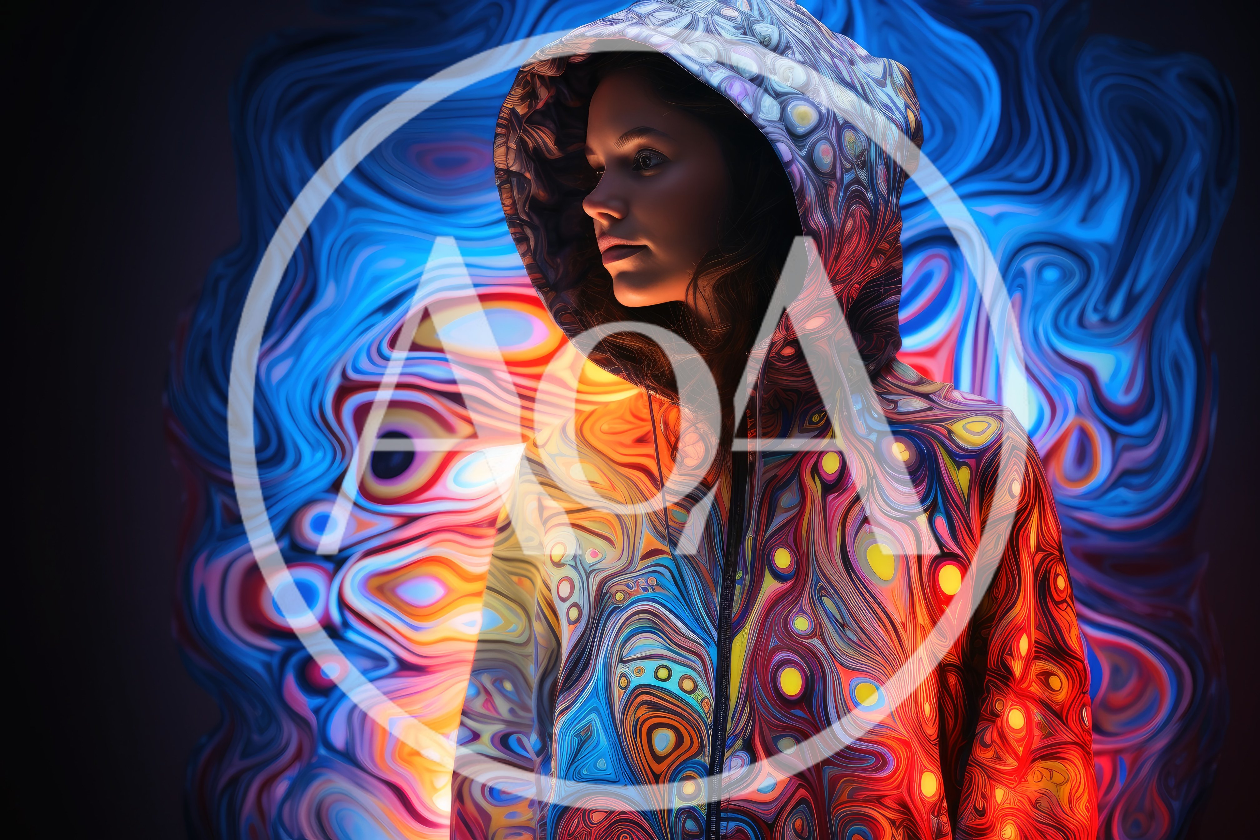 Young Woman Wearing Psychedelic Patterned Hoodie