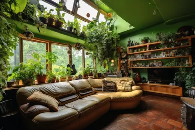 Cozy Sunroom Living Room Filled With Lush Houseplants