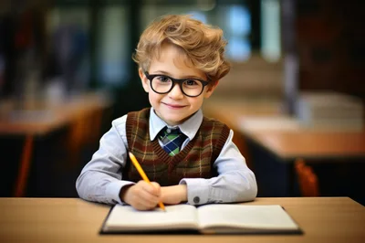 Young Boy Wearing Glasses Studying In A Library