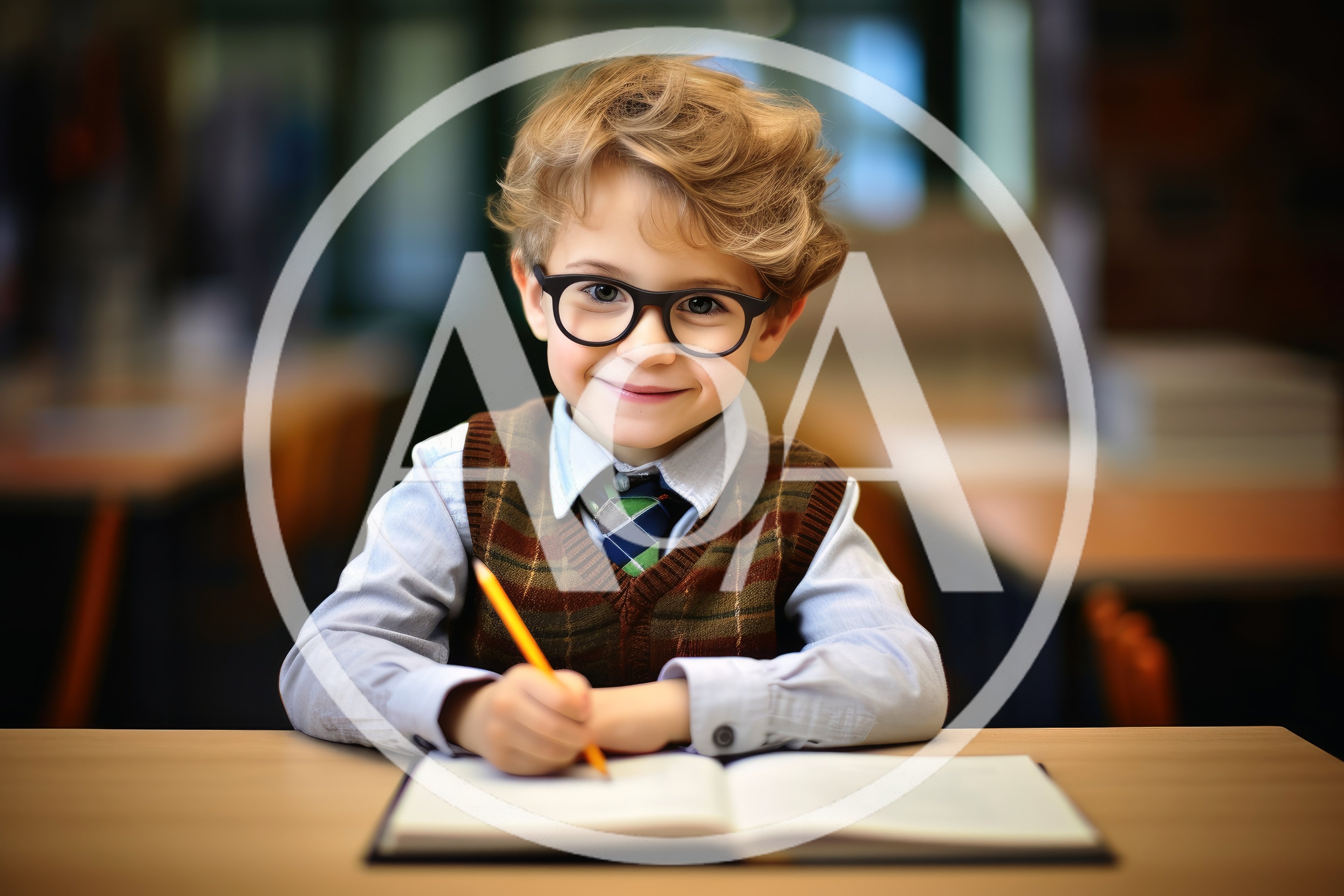 Young Boy Wearing Glasses Studying In A Library