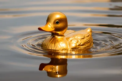 Golden Rubber Duck Floating On Calm Water