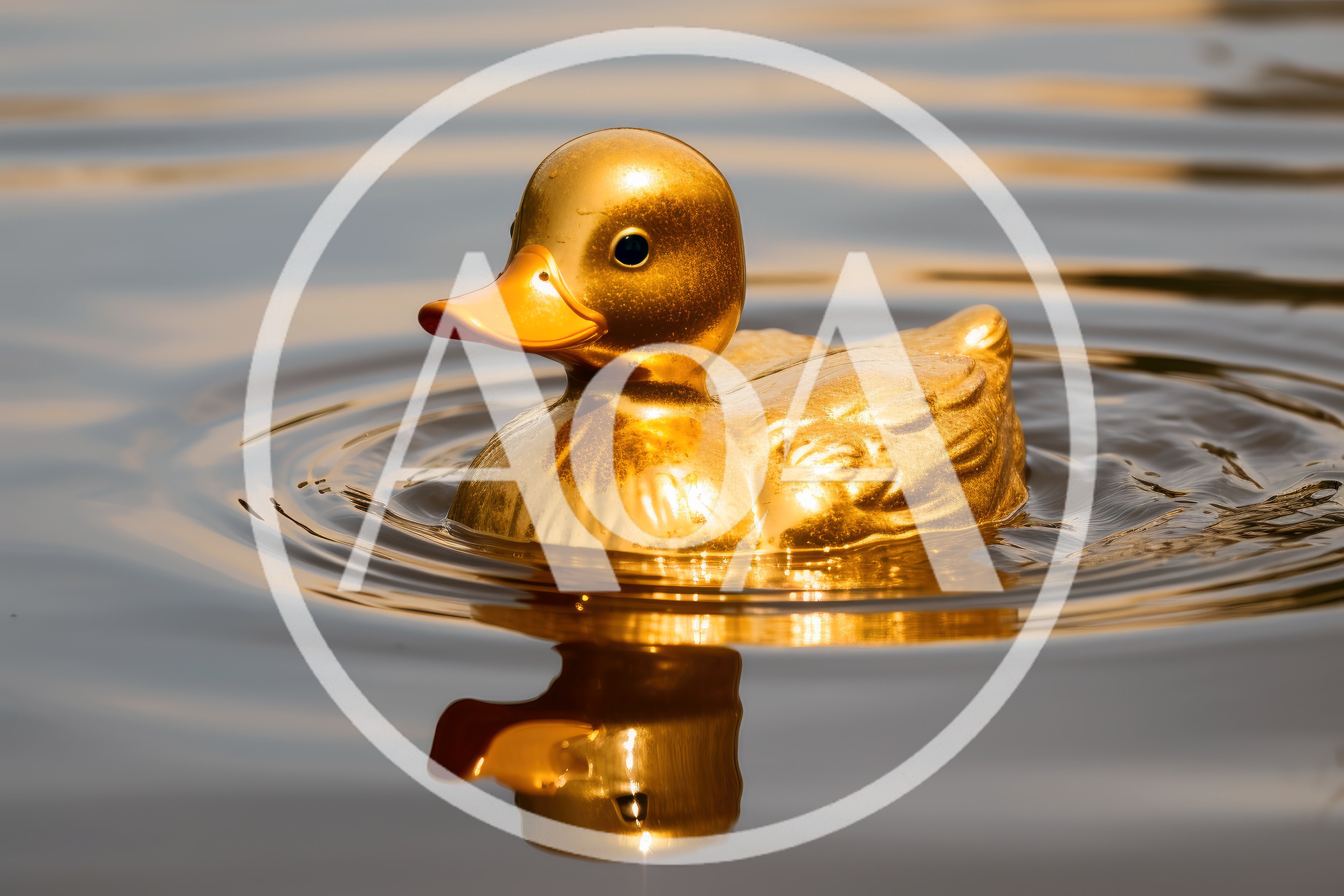Golden Rubber Duck Floating On Calm Water