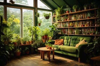 Cozy Green Sunroom With Lush Indoor Plants And Sofa