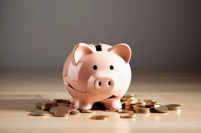 Cracked Pink Piggy Bank Surrounded By Gold Coins