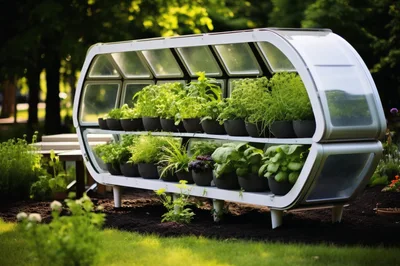 Modern Modular Greenhouse With Potted Herbs In Garden