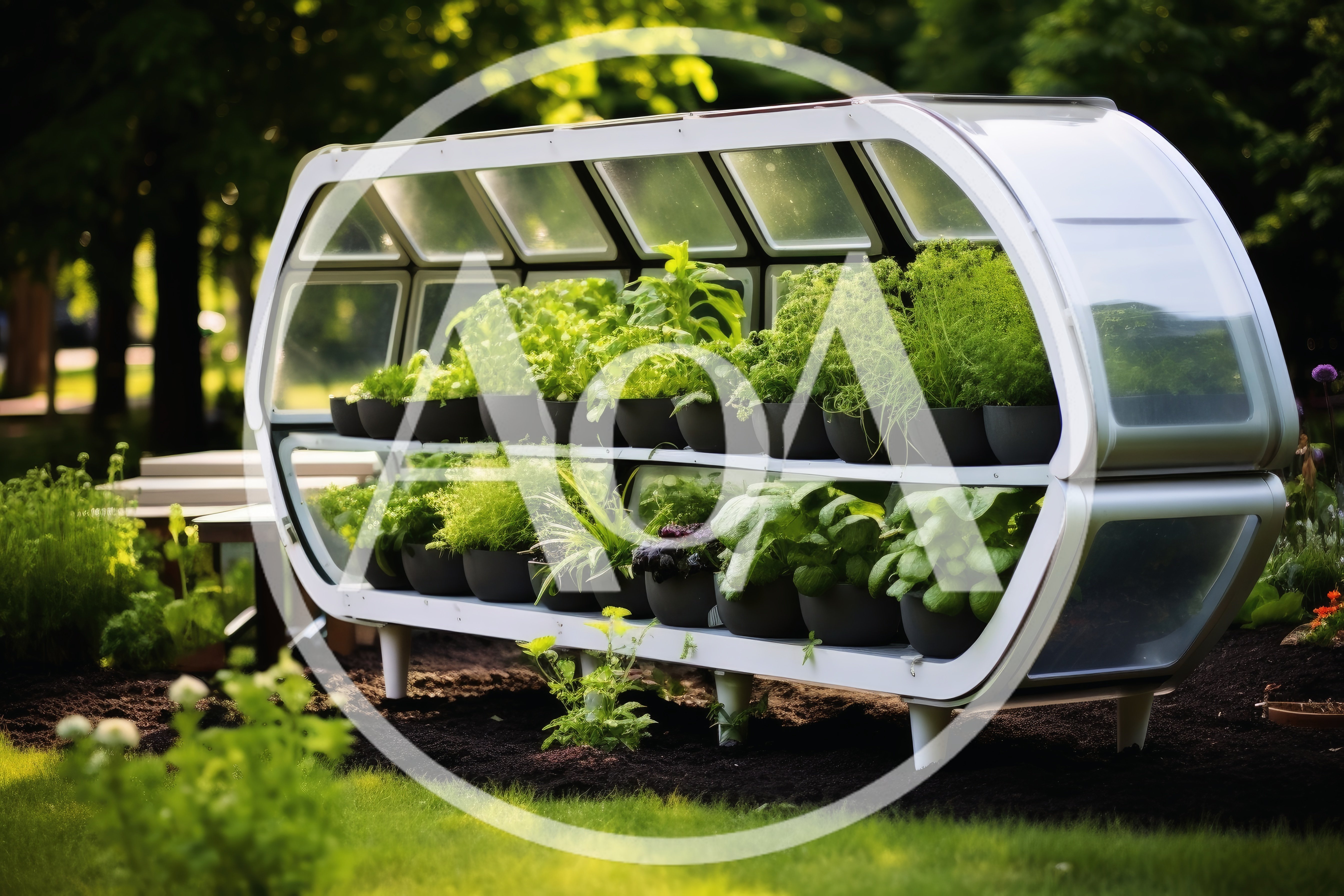Modern Modular Greenhouse With Potted Herbs In Garden