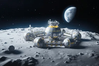 Futuristic Lunar Base Station on Moon Surface