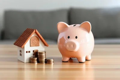 Piggy Bank and Model House with Stacked Coins