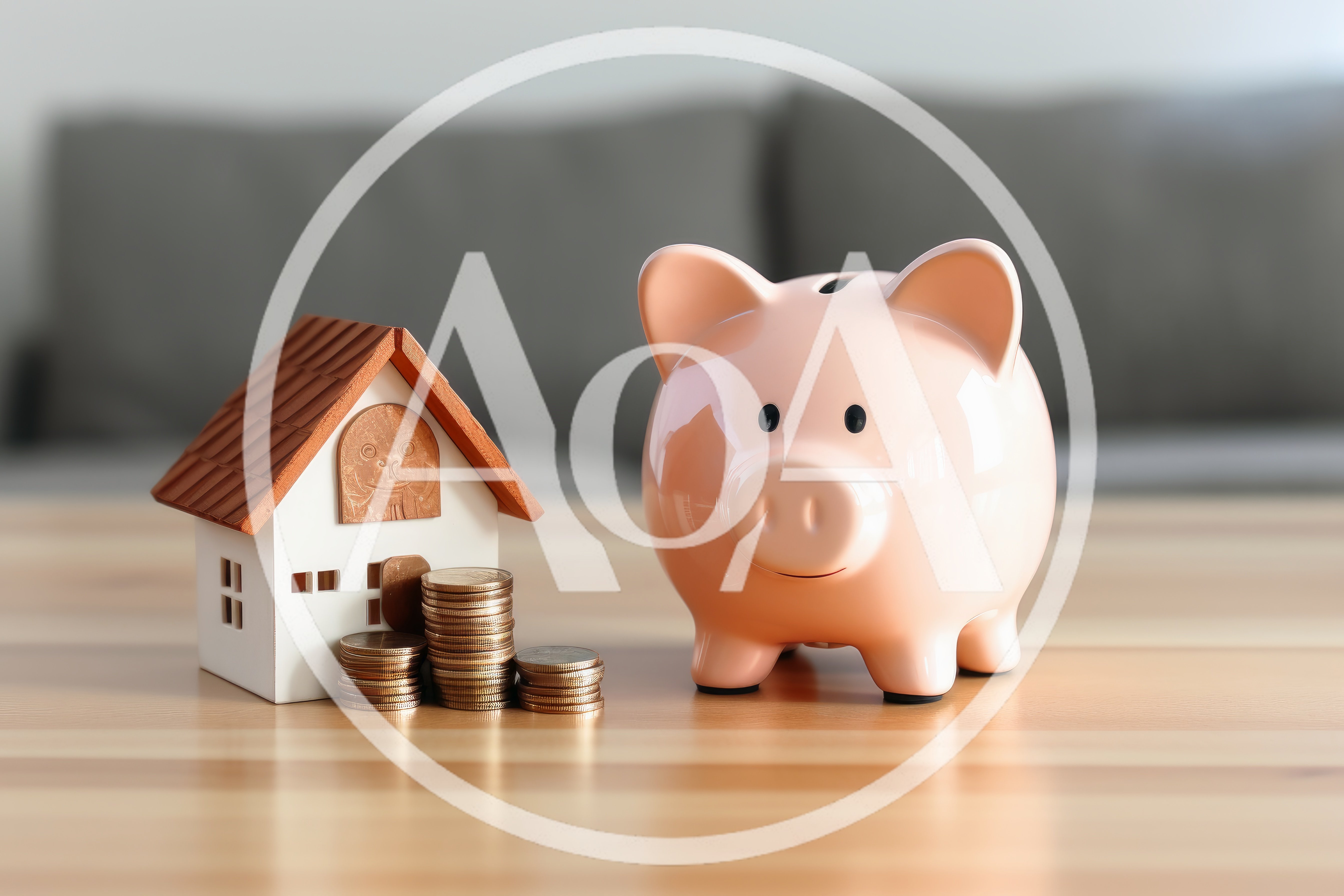 Piggy Bank and Model House with Stacked Coins