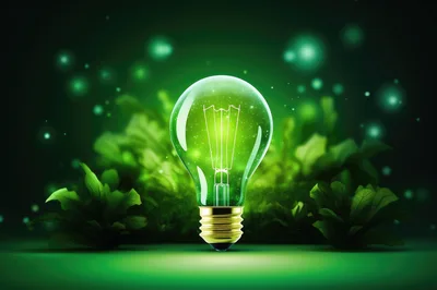 Glowing Light Bulb Surrounded By Lush Green Foliage