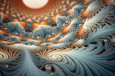 Abstract Fractal Landscape With Swirling Blue And Orange Patterns