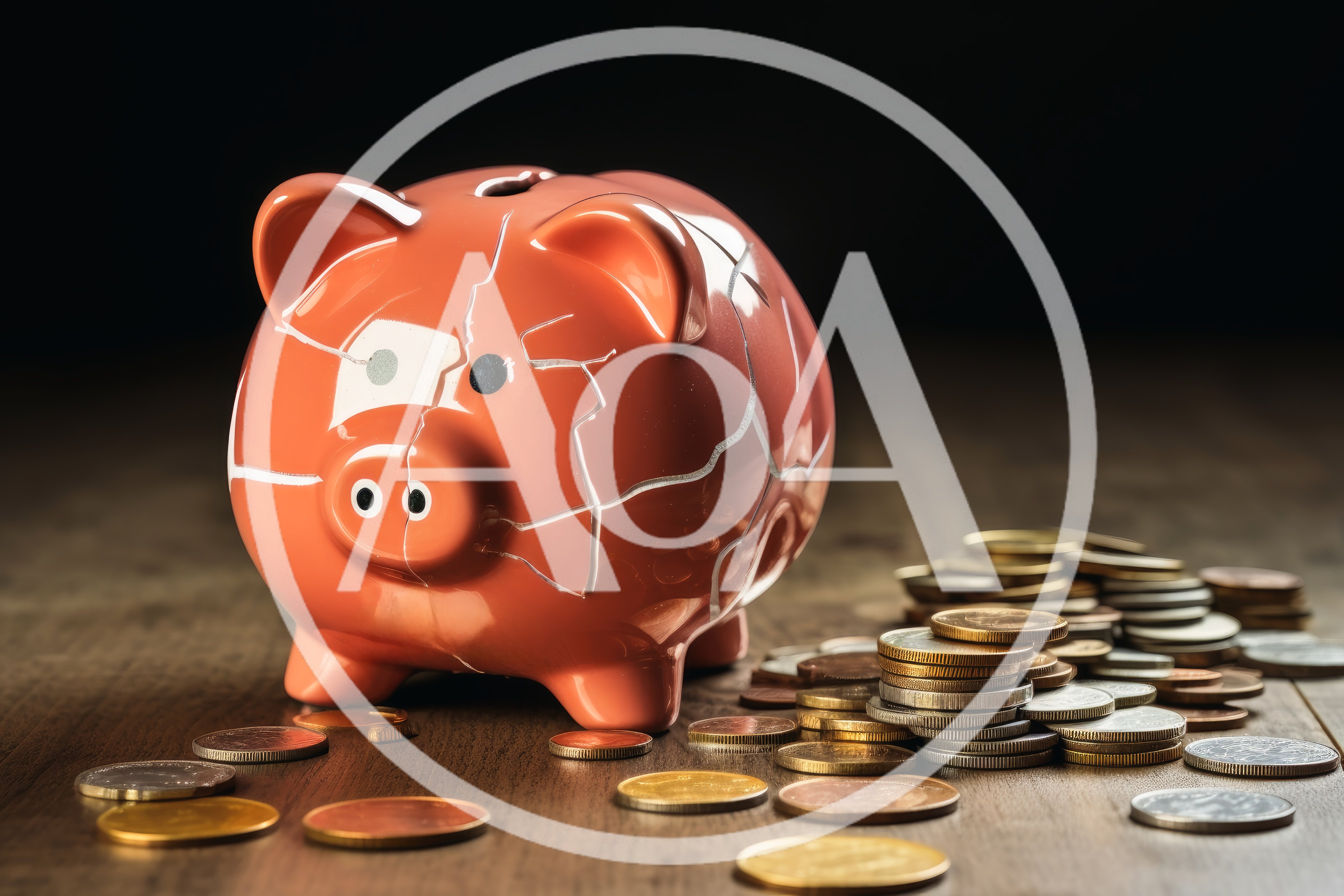 Cracked Orange Piggy Bank With Scattered Coins