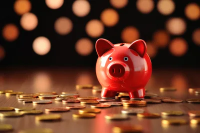 Red Piggy Bank Surrounded By Scattered Gold Coins