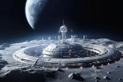 Futuristic Lunar Base With Central Spire On Moon Surface