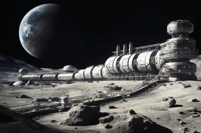 Futuristic Lunar Base Station On Moon Surface