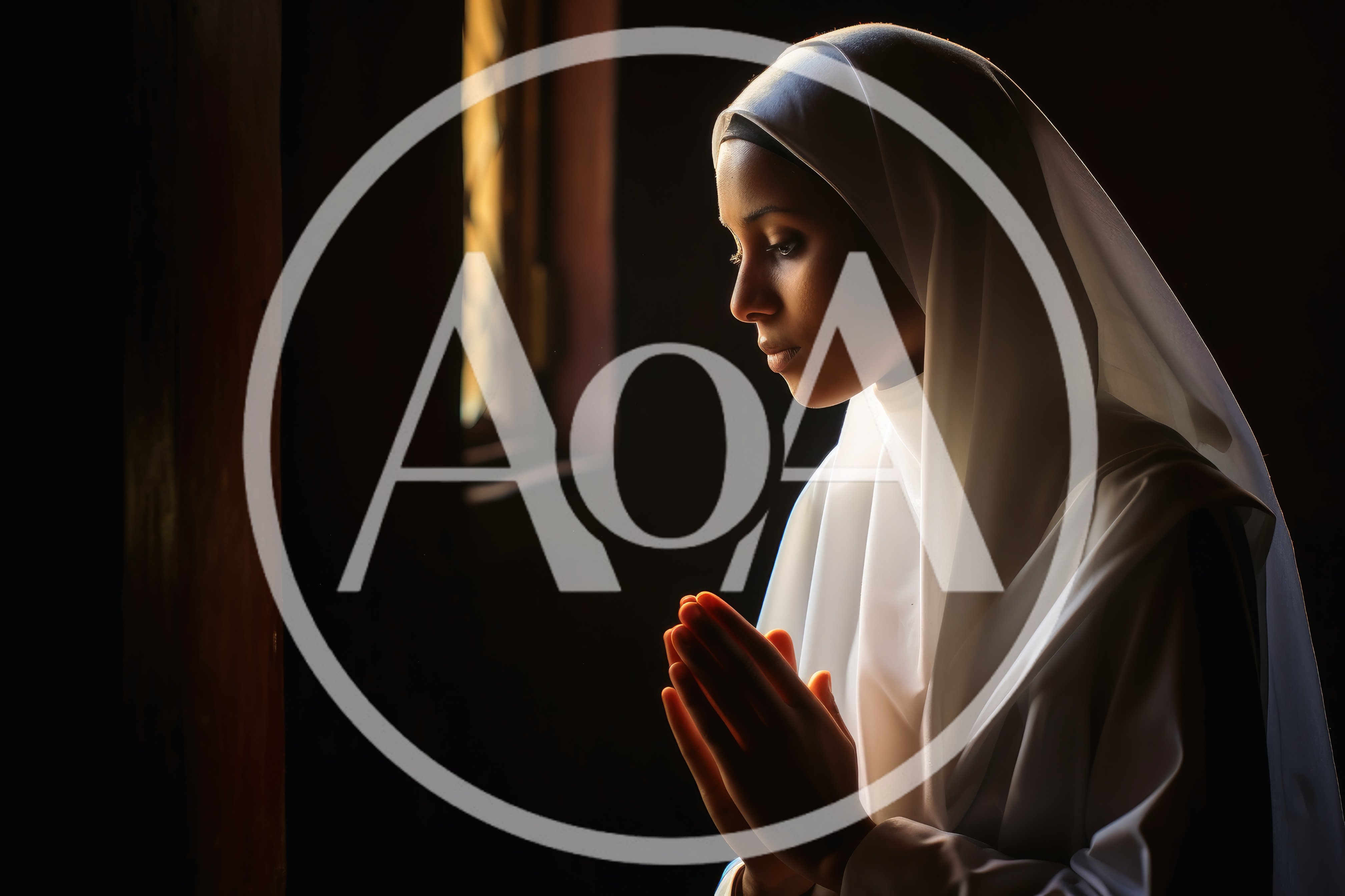Young Woman In White Hijab Praying In Dim Light