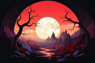 Surreal Landscape With Giant Moon And Red Sky