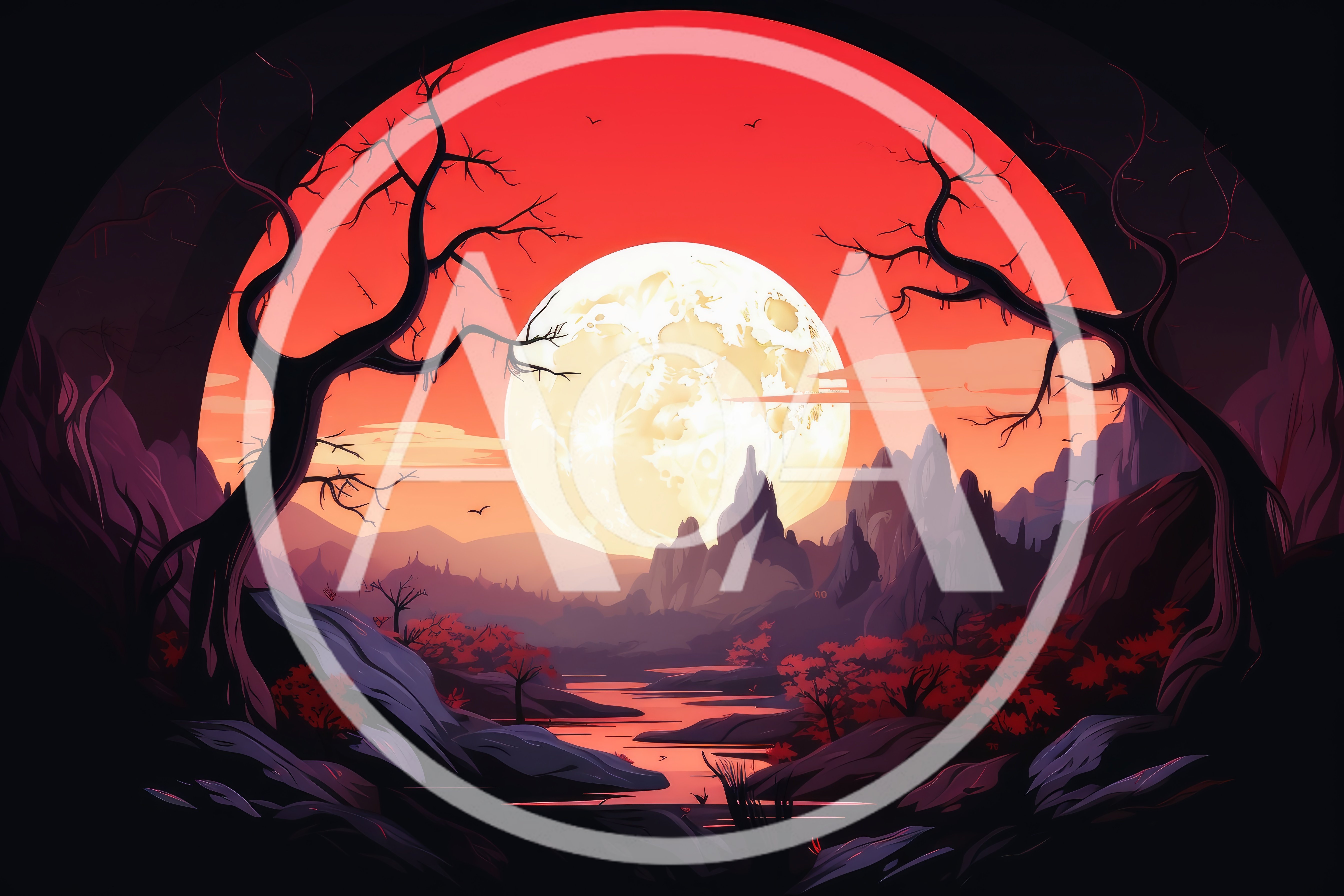 Surreal Landscape With Giant Moon And Red Sky