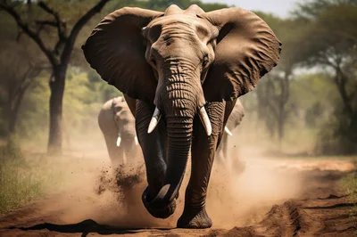 African Elephant Charging Through Dusty Savannah Path