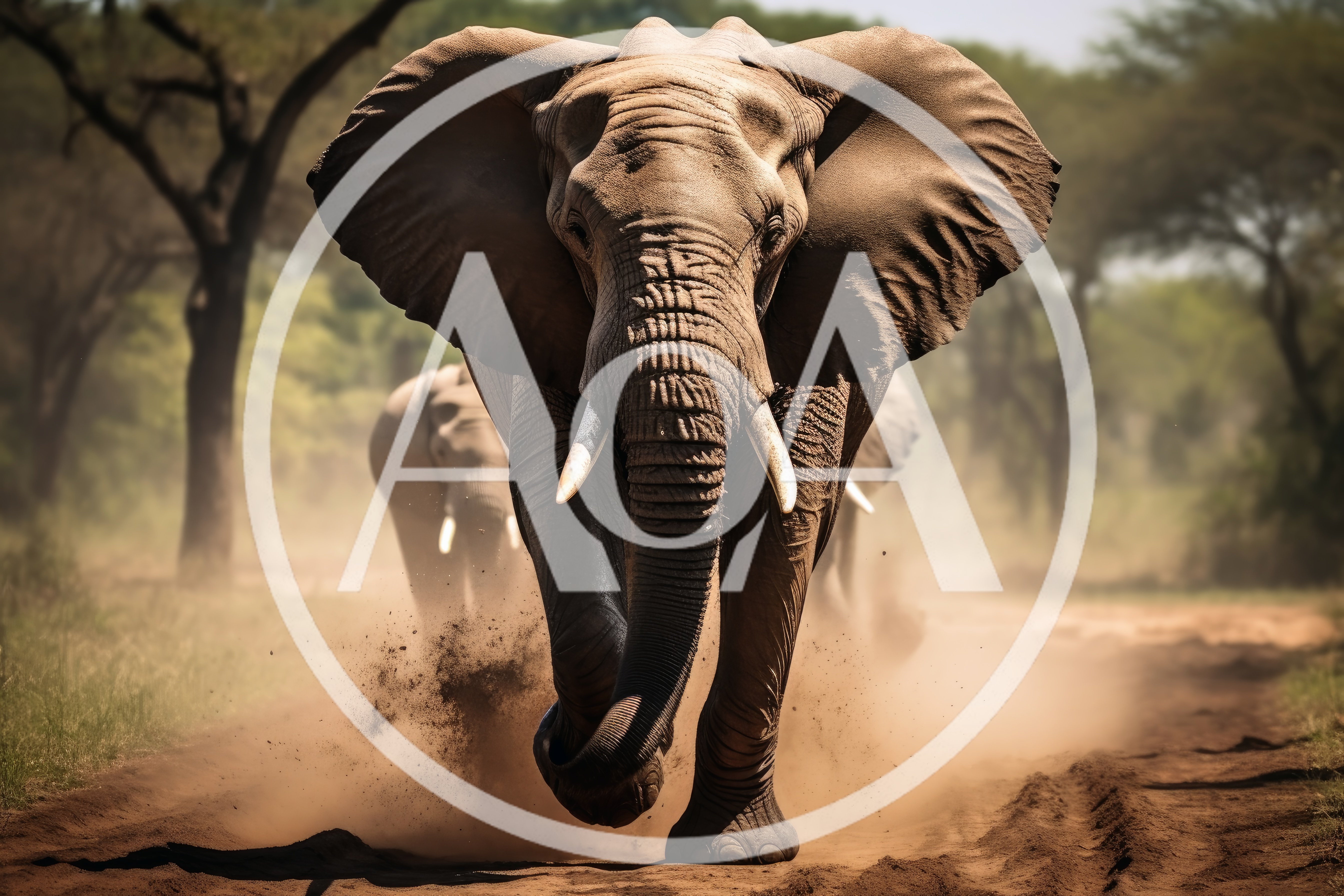 African Elephant Charging Through Dusty Savannah Path