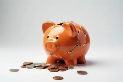 Broken Orange Ceramic Piggy Bank With Scattered Coins
