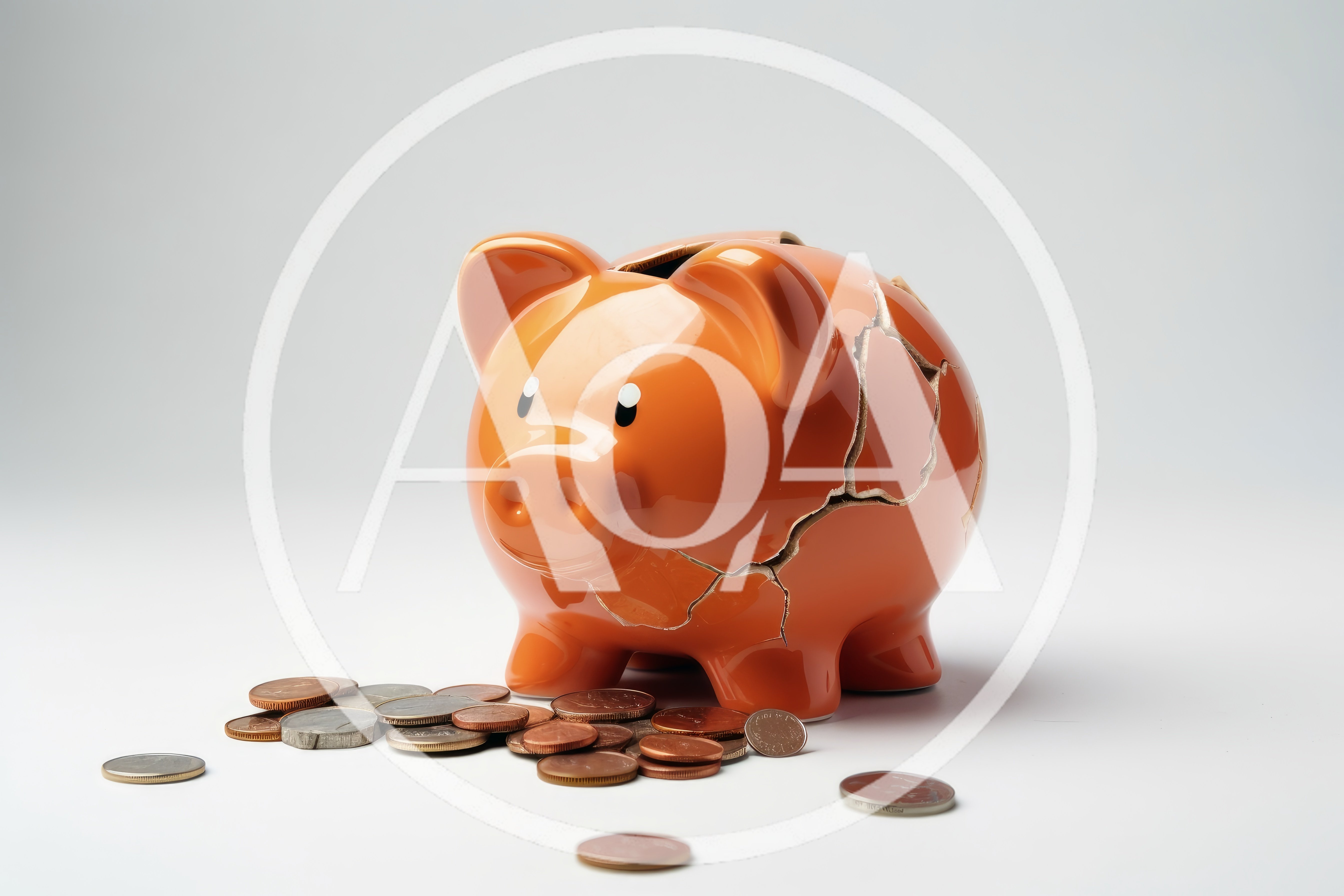 Broken Orange Ceramic Piggy Bank With Scattered Coins