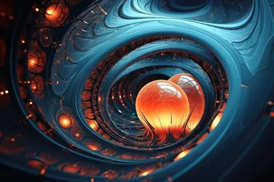 Abstract Glowing Orange Spheres In Blue Fractal Tunnel