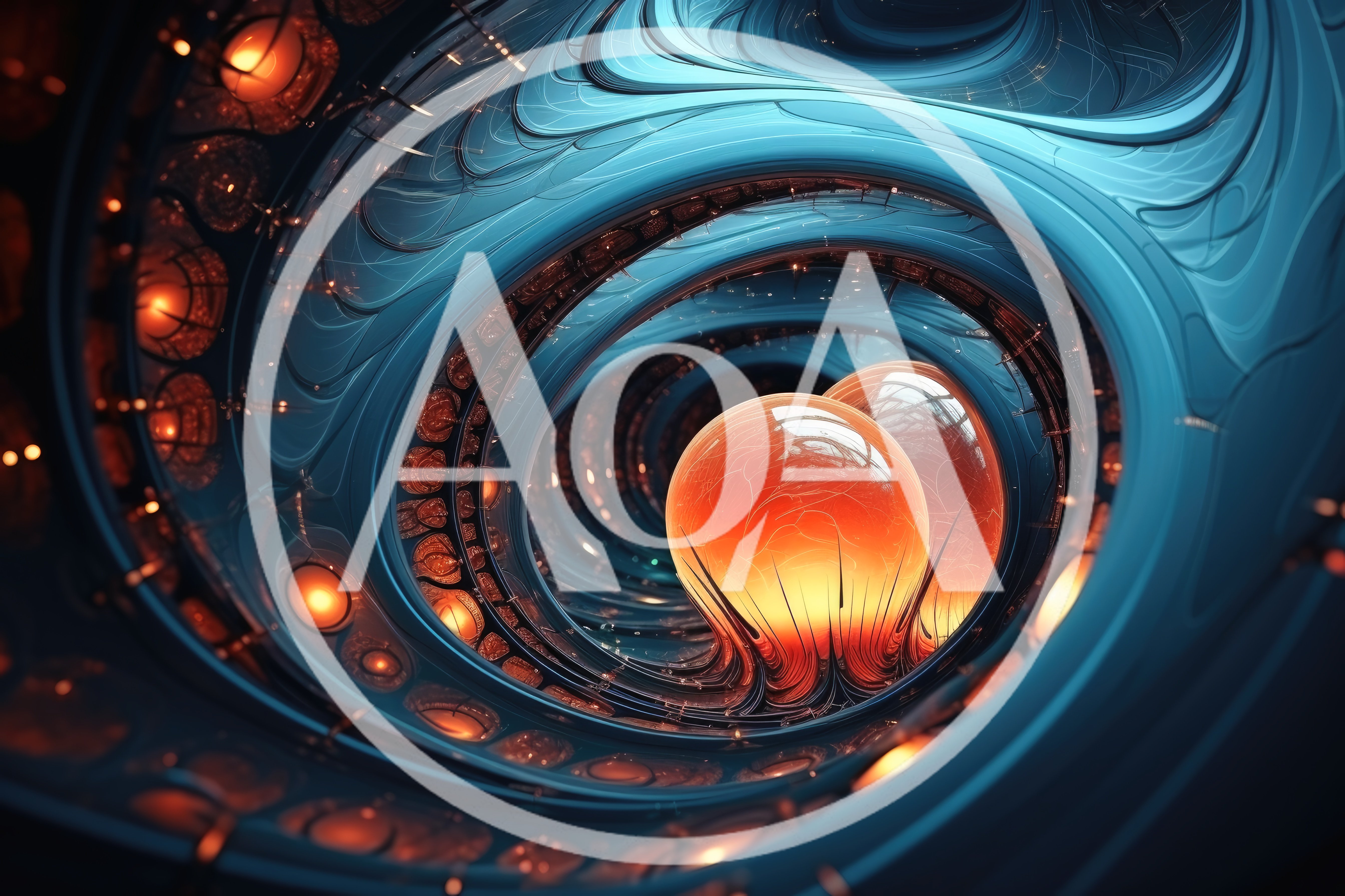 Abstract Glowing Orange Spheres In Blue Fractal Tunnel