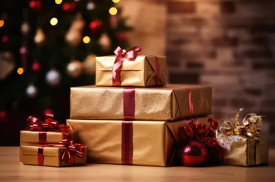 Stack Of Golden Christmas Gifts With Ribbons