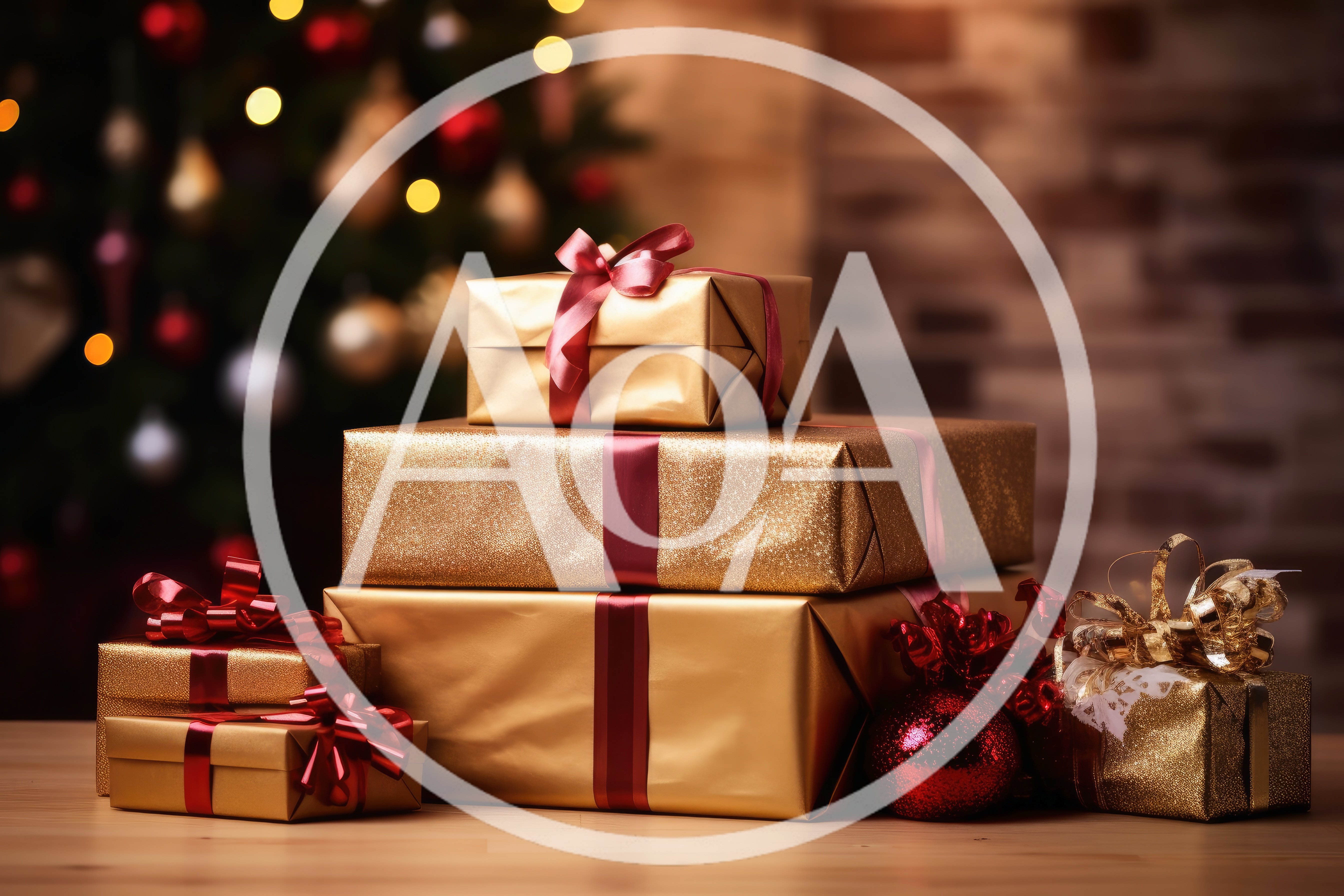 Stack Of Golden Christmas Gifts With Ribbons