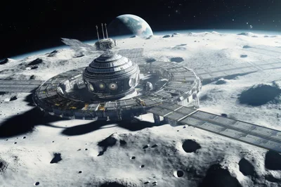 Futuristic Lunar Base Station On Moon Surface