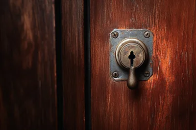 Antique Brass Keyhole Plate On Wooden Door