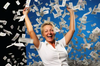 Excited Mature Woman Celebrating Success With Falling Money