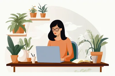 Woman Working On Laptop In A Plant Filled Office