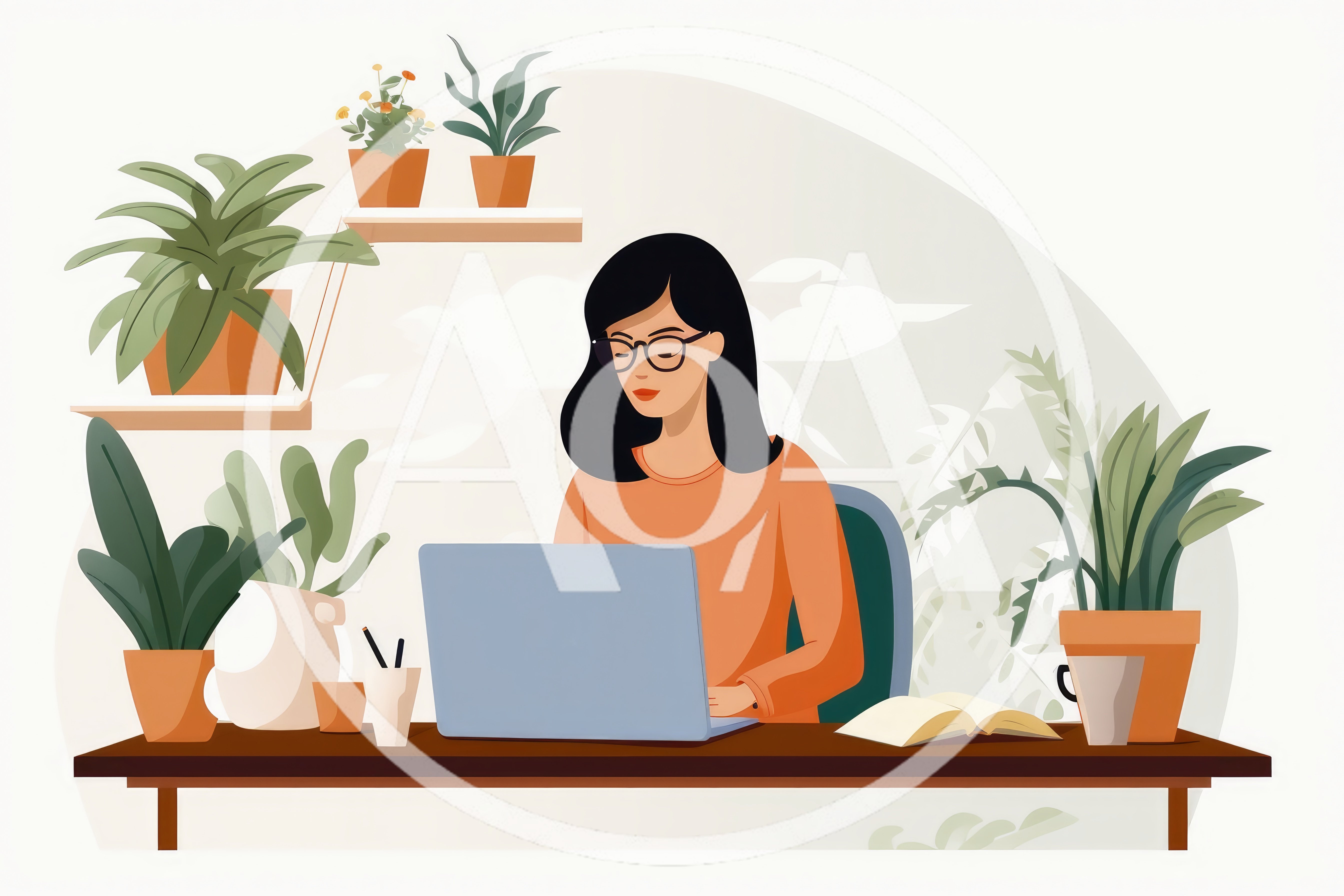 Woman Working On Laptop In A Plant Filled Office