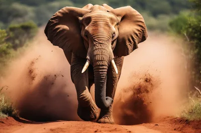 African Elephant Charging Through Dusty Savannah Landscape
