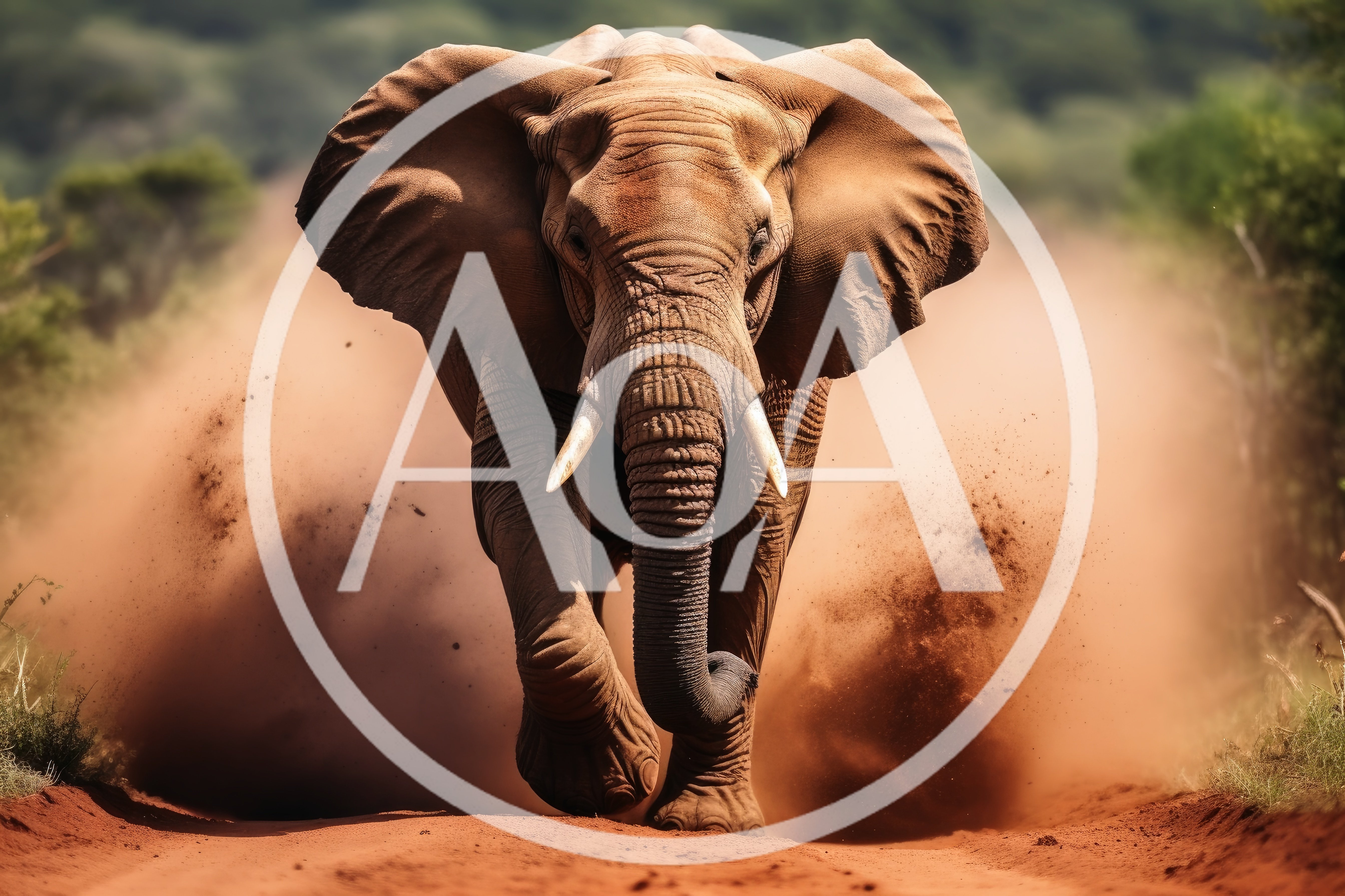 African Elephant Charging Through Dusty Savannah Landscape