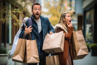 Shocked Couple Carrying Shopping Bags on City Street