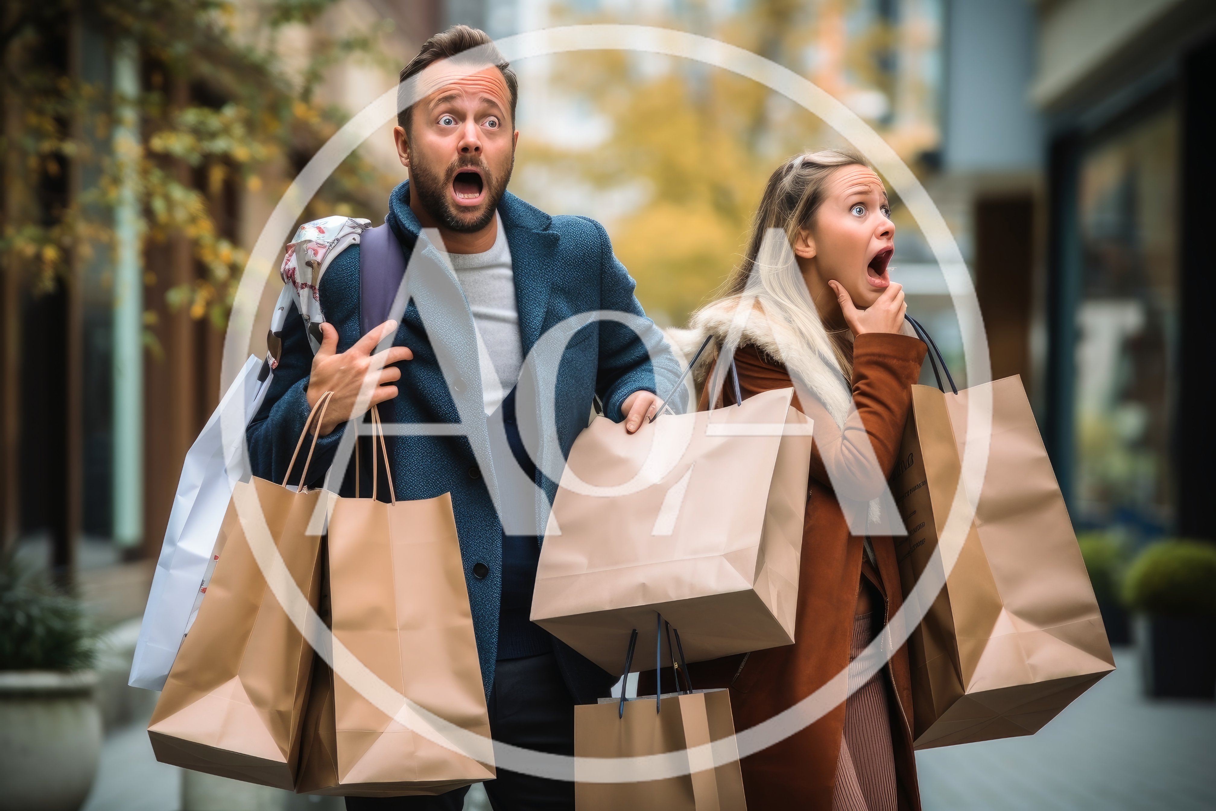 Shocked Couple Carrying Shopping Bags on City Street