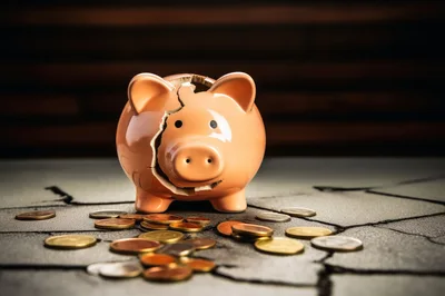 Broken Piggy Bank With Scattered Coins On Cracked Surface