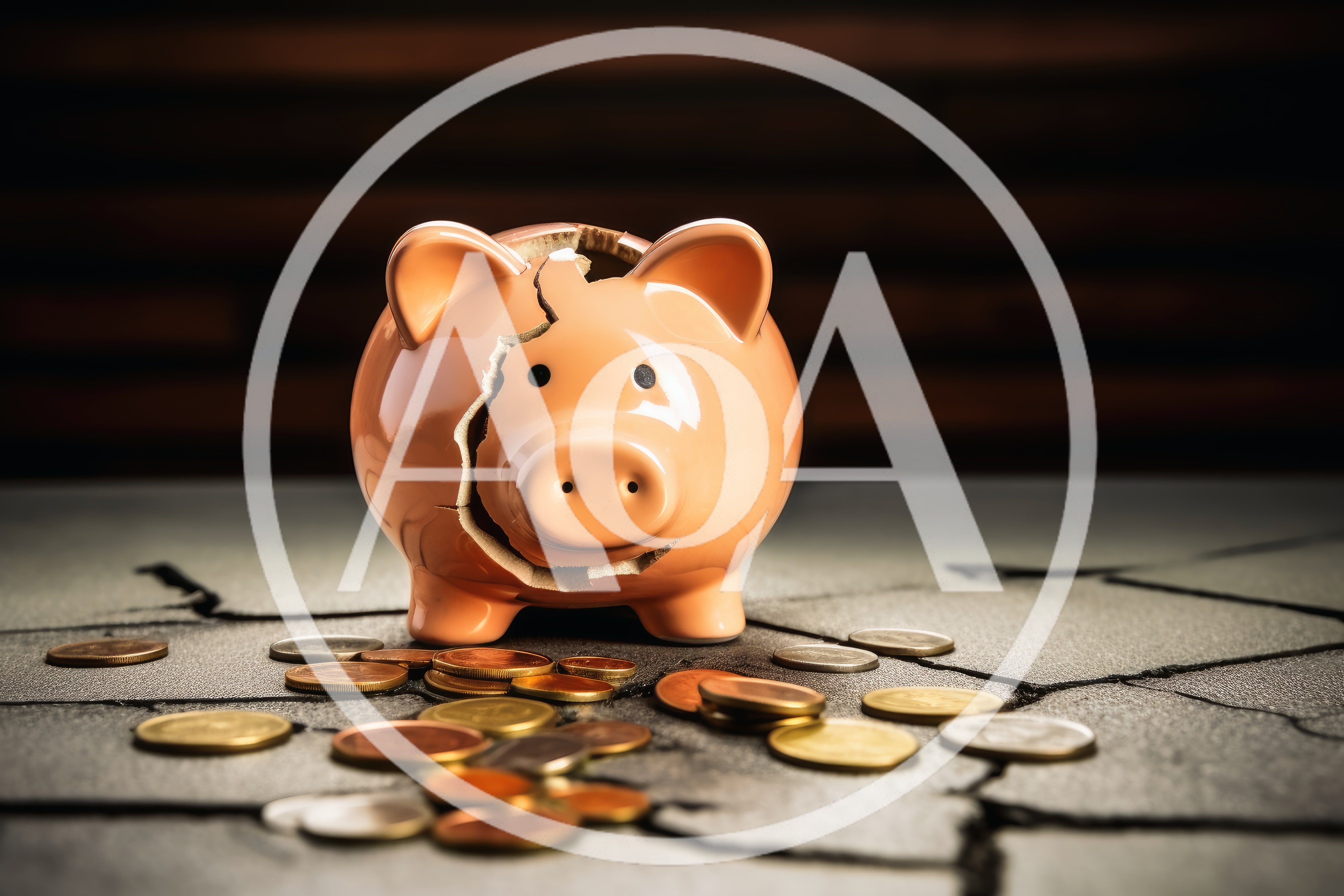 Broken Piggy Bank With Scattered Coins On Cracked Surface