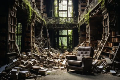 Abandoned Library Interior With Overgrown Vegetation And Armchair