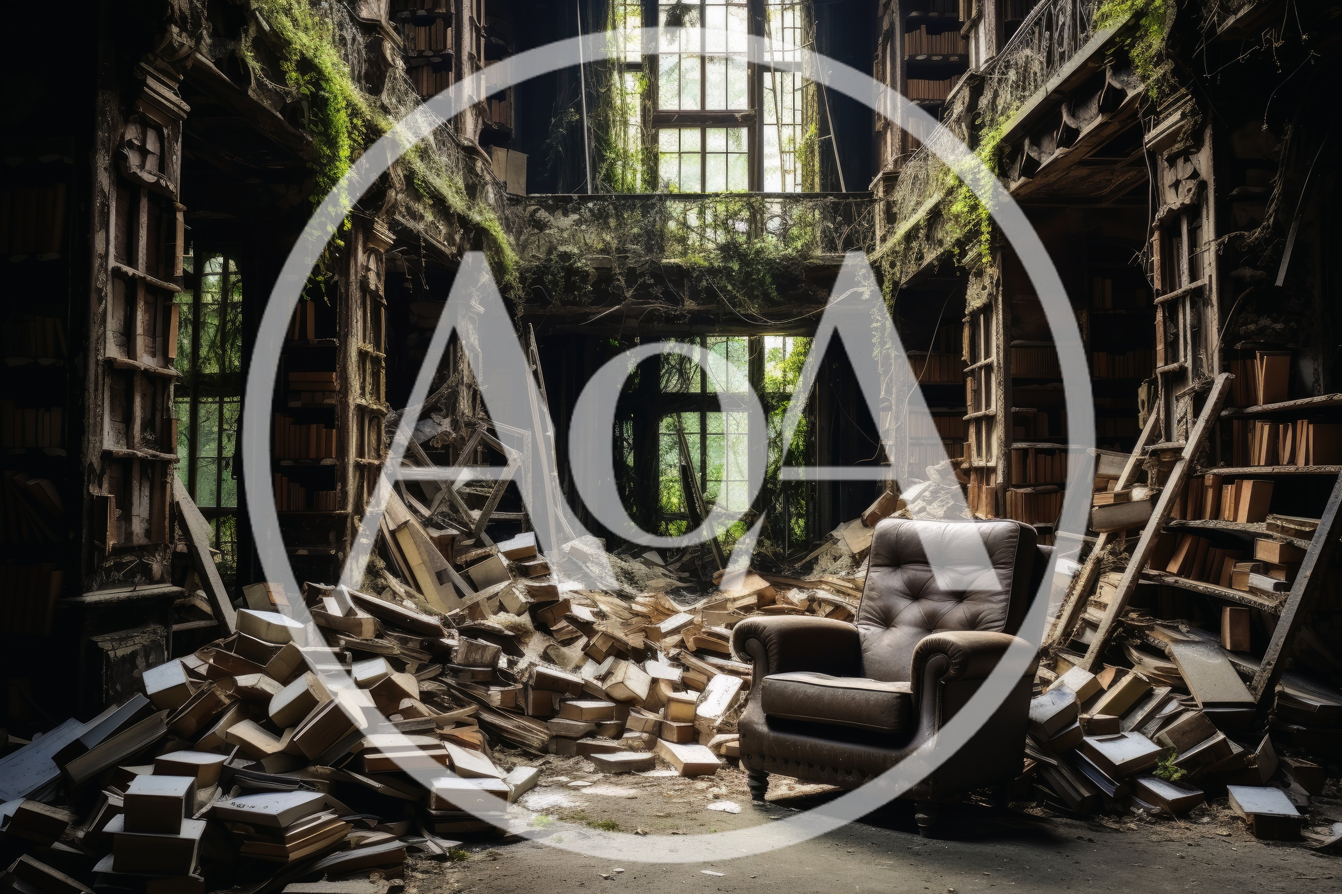Abandoned Library Interior With Overgrown Vegetation And Armchair