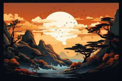 Stylized Mountain Landscape With Sunset And Birds