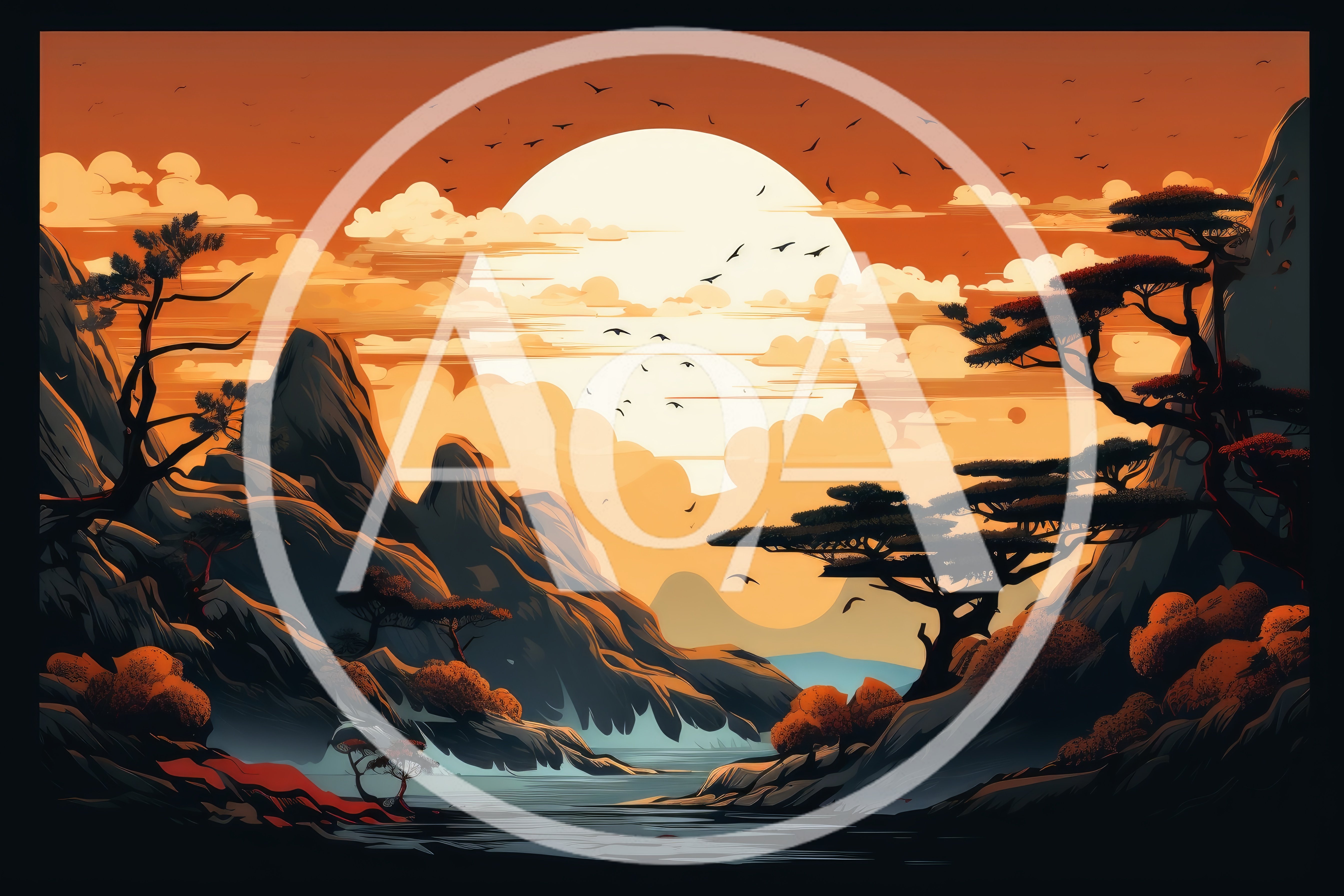 Stylized Mountain Landscape With Sunset And Birds