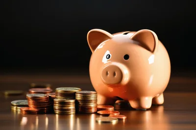 Piggy Bank With Stacks Of Coins On Wooden Table