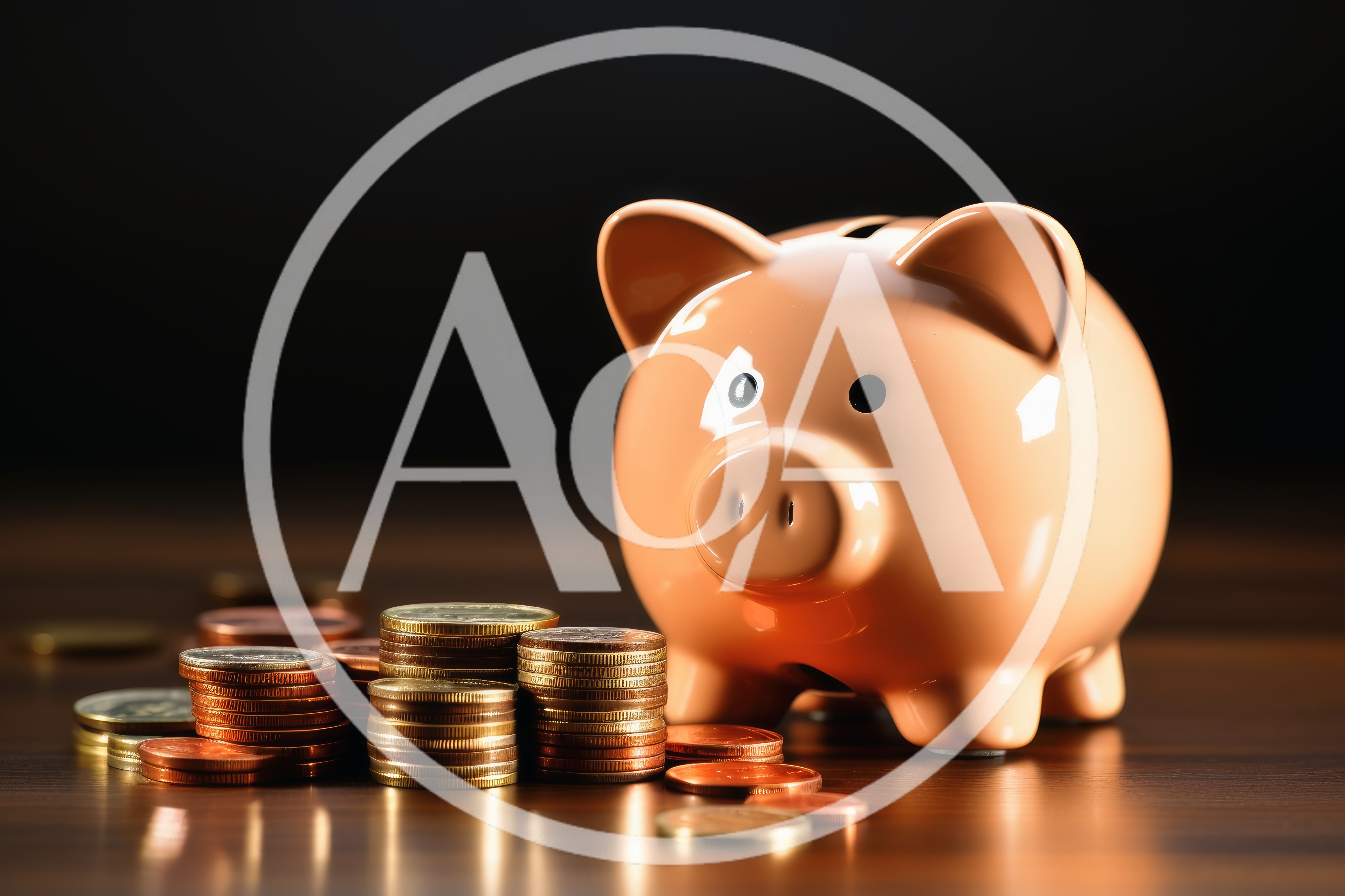 Piggy Bank With Stacks Of Coins On Wooden Table