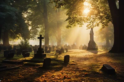 Sunlight Streaming Through Trees In A Historic Cemetery