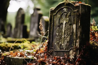 Ancient Mossy Gravestone In An Overgrown Cemetery