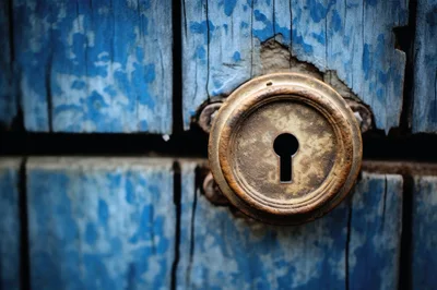 Antique Brass Keyhole Plate On Weathered Blue Wooden Door
